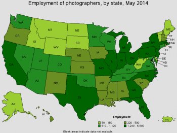 Highest Level of Employment Photographers 2014 BLS